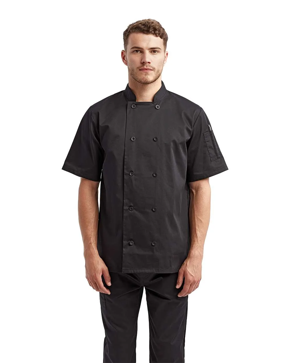 Artisan Collection by Reprime RP656 Unisex Short Sleeve Recycled Chef Coat — blank jacket, front view