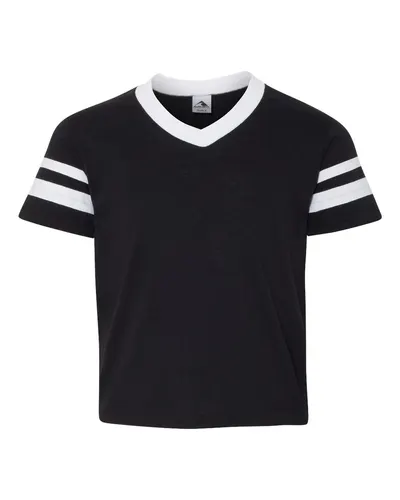 Augusta Sportswear 361 Youth V-Neck Jersey with Striped Sleeves — blank t-shirt, front view