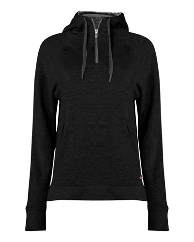 Badger 1051 Women's FitFlex French Terry Quarter-Zip Hooded Pullover — blank hooded sweatshirt, front view
