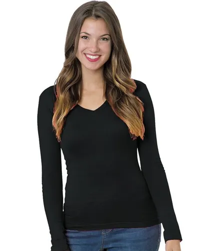 Bayside 3415 Women's USA-Made Deep V-Neck Long Sleeve T-Shirt — blank long sleeve tee, front view