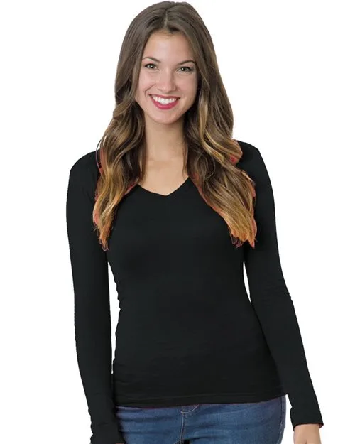 Bayside 3415 Women's USA-Made Deep V-Neck Long Sleeve T-Shirt — blank long sleeve tee, front view