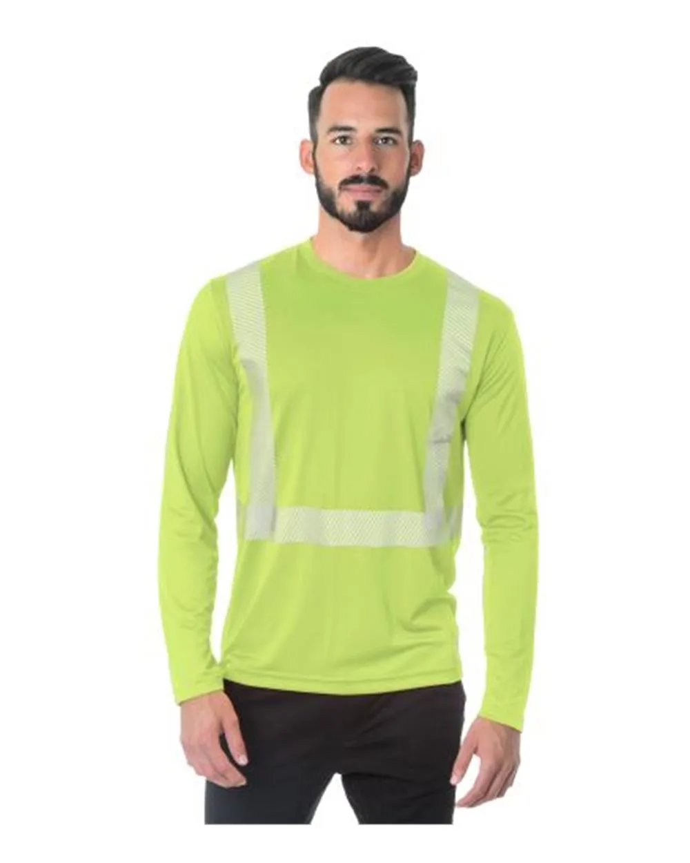 Bayside 3740 Unisex USA-Made Hi-Visibility Long Sleeve Performance T-Shirt - Segmented Tape — blank long sleeve tee, front view