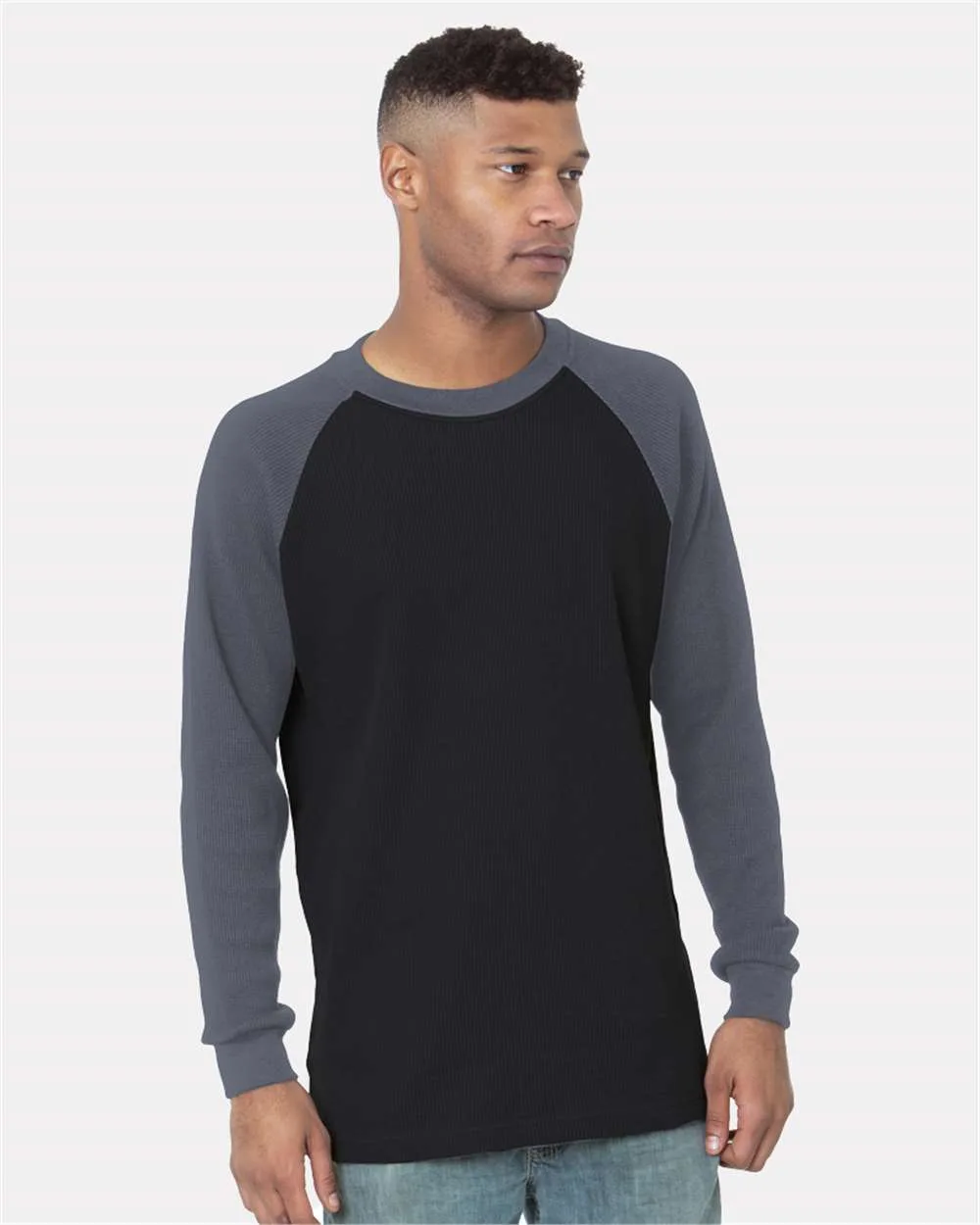 Bayside 8211 Men's USA-Made Heavyweight Waffle Knit Thermal Raglan T-Shirt — blank t-shirt, front view