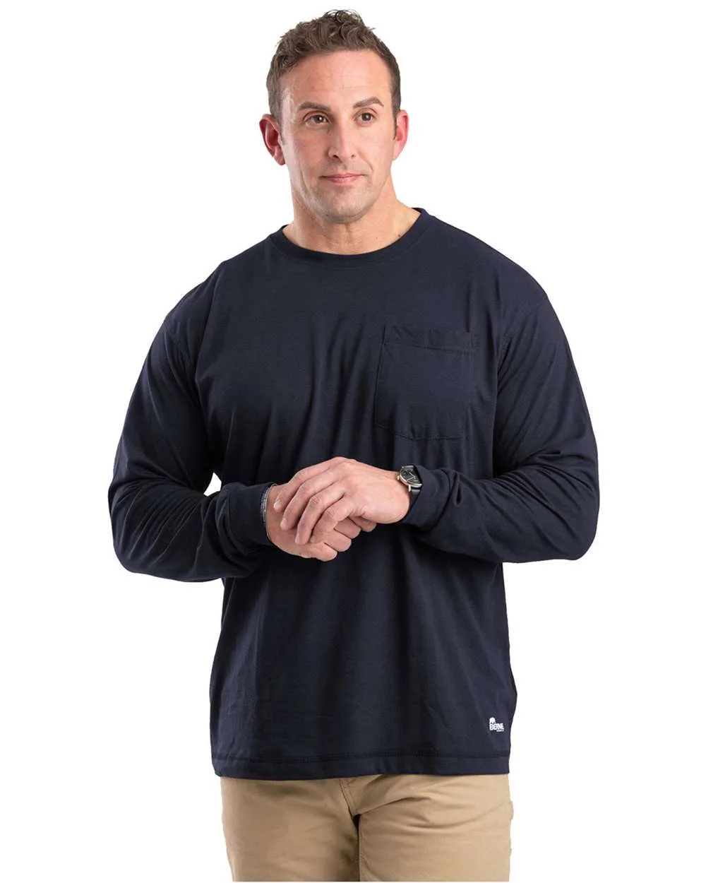 Berne Apparel BSM39T Men's Tall Performance Long Sleeve Pocket T-Shirt — blank long sleeve tee, front view