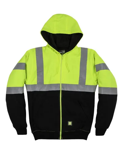 Berne Apparel HVF023 Men's Hi-Vis Class 3 Color Block Full-Zip Hooded Sweatshirt — blank hooded sweatshirt, front view