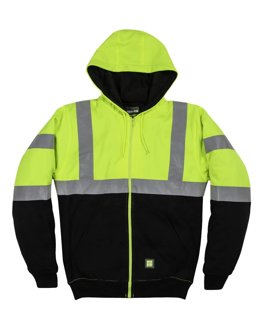 Berne Apparel HVF023 Men's Hi-Vis Class 3 Color Block Full-Zip Hooded Sweatshirt — blank hooded sweatshirt, front view