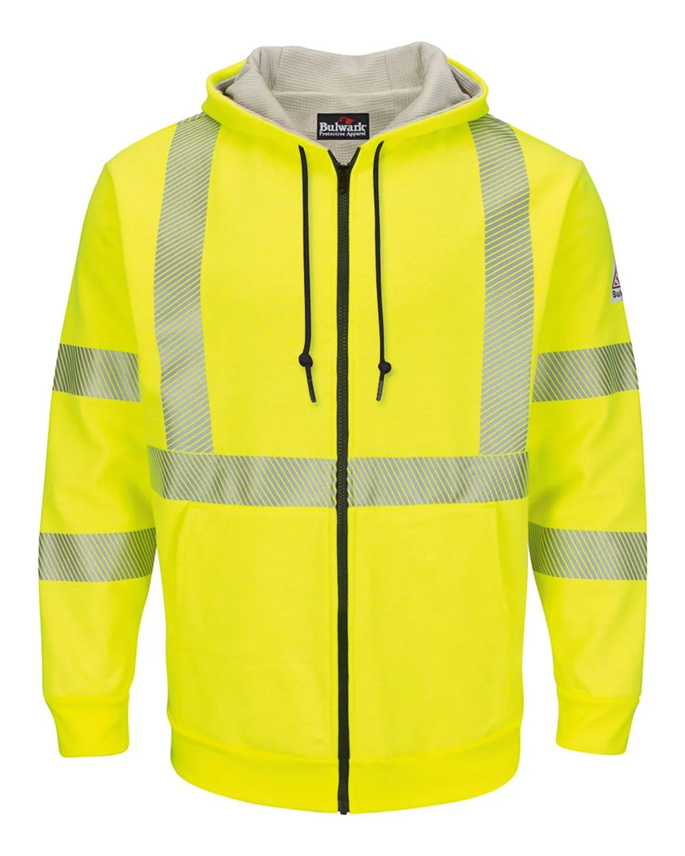 Bulwark SMZ4HV Men's Hi-Visibility Zip-Front Hooded Fleece Sweatshirt with Waffle Lining — blank hooded sweatshirt, front view