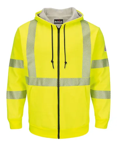 Bulwark SMZ4HVT Men's Tall Hi-Visibility Zip-Front Hooded Fleece Sweatshirt with Waffle Lining — blank hooded sweatshirt, front view