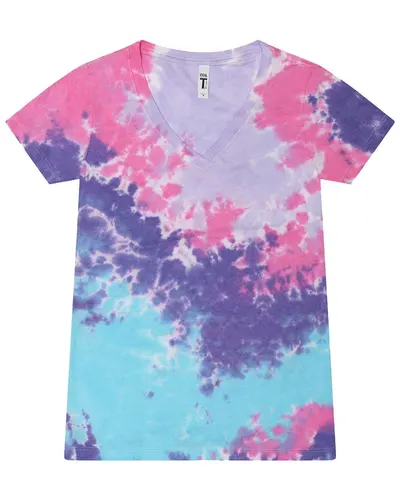 Colortone 1075 Women's Tie-Dyed V-Neck T-Shirt — blank t-shirt, front view
