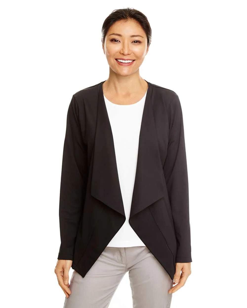 Devon & Jones DP465W Women's Perfect Fit™ Draped Open Cardigan Blazer — blank garment, front view