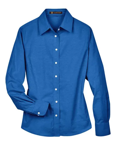 Harriton M600W Women's Long Sleeve Oxford Dress Shirt — blank woven shirt, front view
