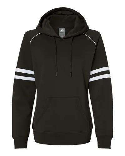 J. America 8645 Women's Varsity Fleece Piped Hooded Sweatshirt — blank hooded sweatshirt, front view