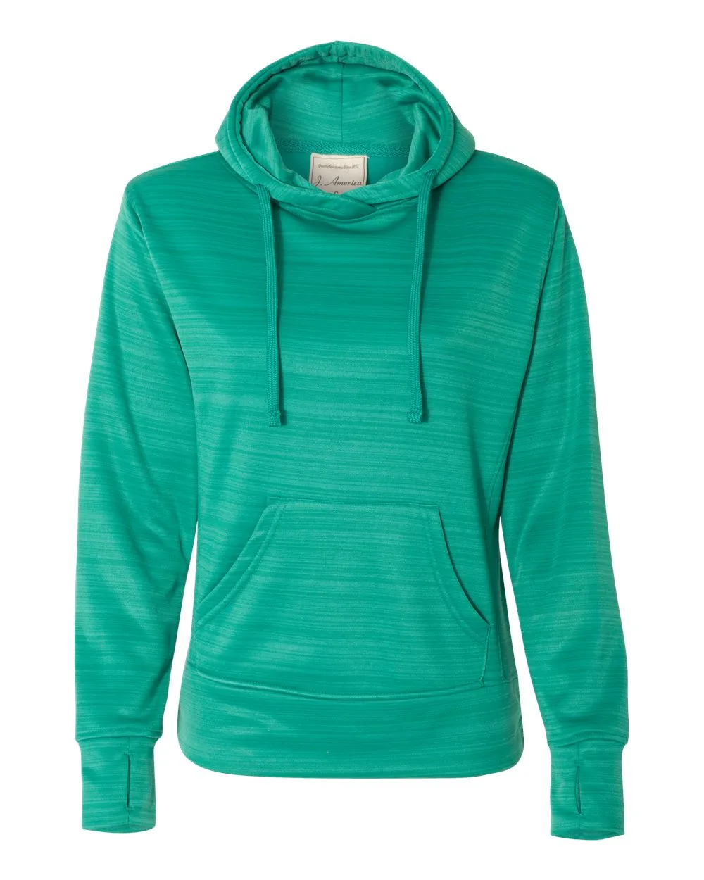 J. America 8662 Women's Odyssey Striped Performance Fleece Lapover Hooded Sweatshirt — blank hooded sweatshirt, front view