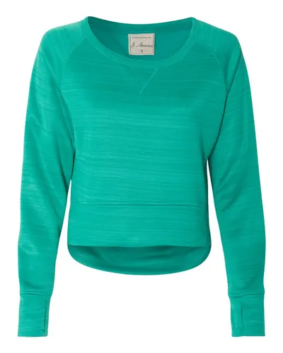 J. America 8663 Women's Odyssey Striped Performance Fleece Hi-Low Crewneck Sweatshirt — blank crewneck sweatshirt, front view