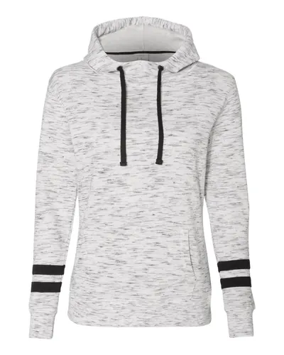 J. America 8674 Women’s Mélange Fleece Striped-Sleeve Hooded Sweatshirt — blank hooded sweatshirt, front view