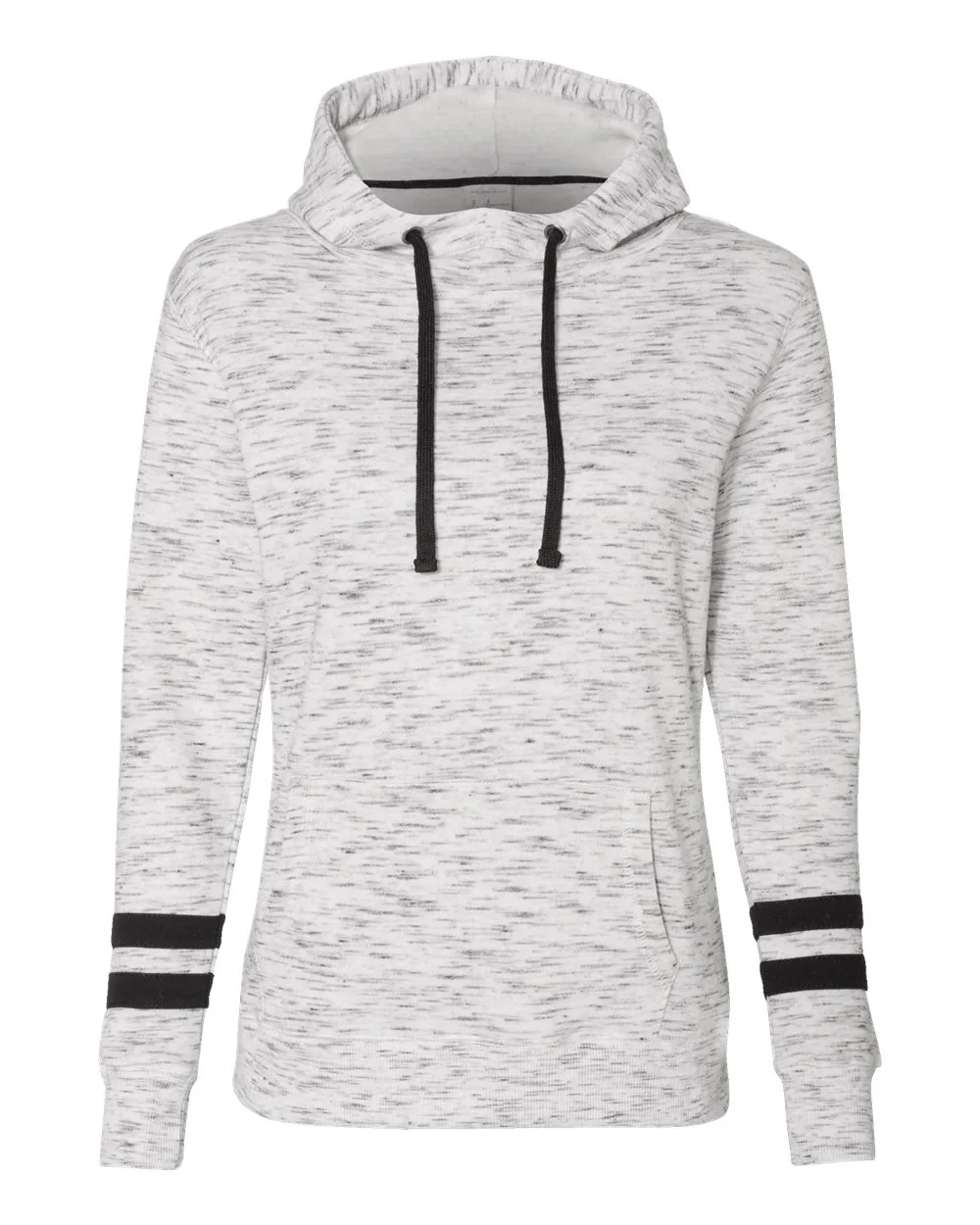 J. America 8674 Women’s Mélange Fleece Striped-Sleeve Hooded Sweatshirt — blank hooded sweatshirt, front view