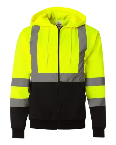 Kishigo JS102103 Unisex Hi-Vis Full-Zip Hooded Sweatshirt — blank hooded sweatshirt, front view