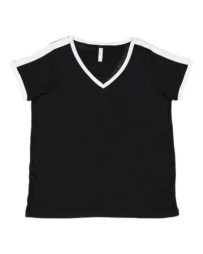 LAT 3832 Women's Curvy Retro Ringer Premium Jersey V-Neck Tee — blank t-shirt, front view