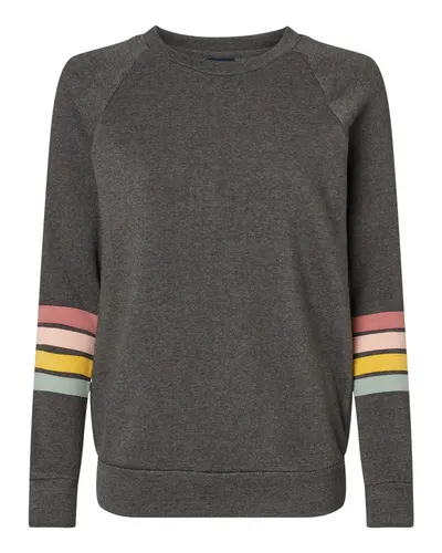 MV Sport W23152 Women's Striped Sleeves Crewneck Sweatshirt — blank crewneck sweatshirt, front view
