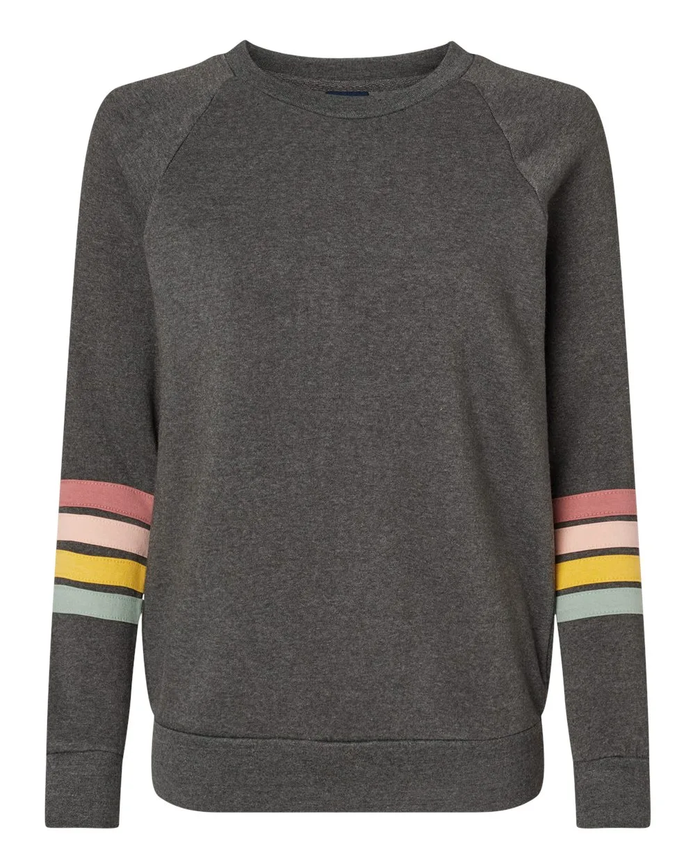 MV Sport W23152 Women's Striped Sleeves Crewneck Sweatshirt — blank crewneck sweatshirt, front view
