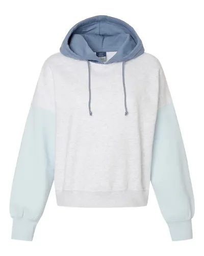 MV Sport W23716 Women's Sueded Fleece Colorblocked Crop Hooded Sweatshirt — blank hooded sweatshirt, front view