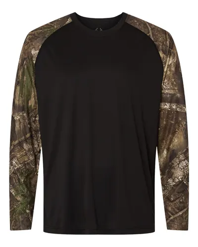 RealTree RT3104 Unisex Realtree® Performance Colorblocked Long Sleeve T-Shirt — blank long sleeve tee, front view