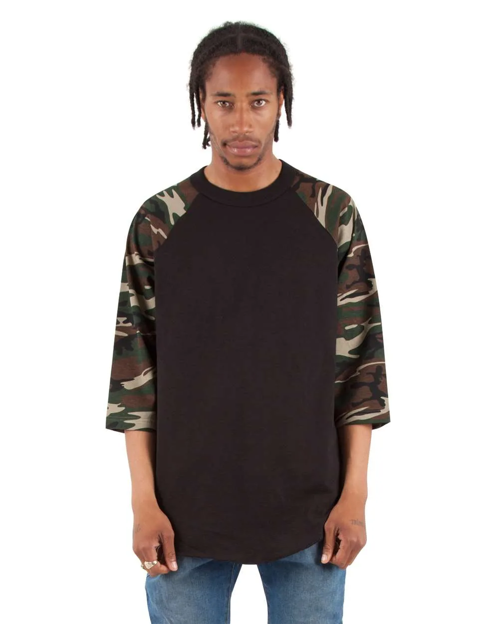 Shaka Wear SHRAGCM Unisex Three-Quarter Sleeve Camo Raglan T-Shirt — blank t-shirt, front view