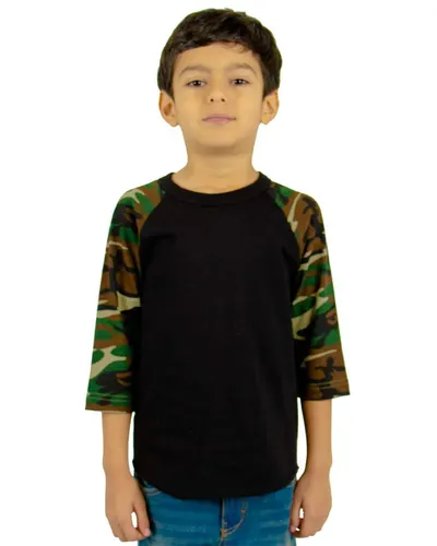 Shaka Wear SHRAGCY Youth Three-Quarter Sleeve Camo Raglan T-Shirt — blank t-shirt, front view
